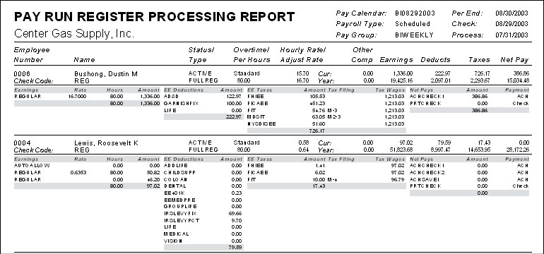 Pay Run Register Processing Report, REG00005 (First Page)