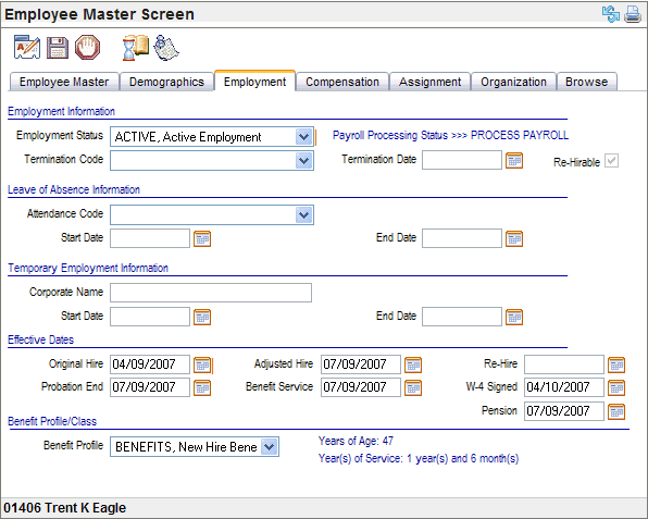 Employment Tab within the Employee Master